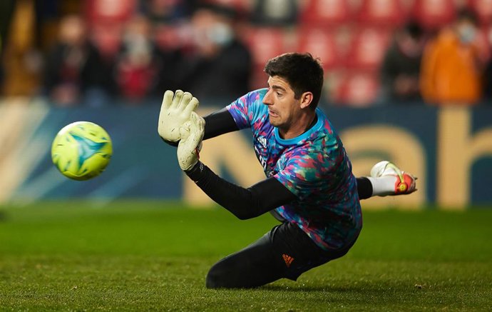 Thibaut Courtois of Real Madrid warms up during the Spanish League, La Liga Santander, football match played between Rayo Vallecano and Real Madrid at Vallecas stadium on February 26, 2022, in Madrid, Spain.