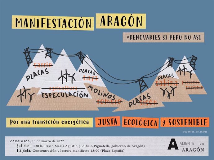 Cartel de la manifestación de ALIENTE contra los megaproyecto energéticos en Aragón