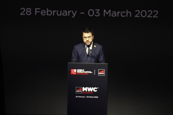 El president de la Generalitat, Pere Aragons, en el seu discurs del sopar oficial de l'MWC 2022