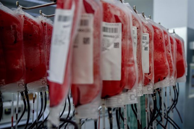 Archivo - Bolsas de sangre donadas