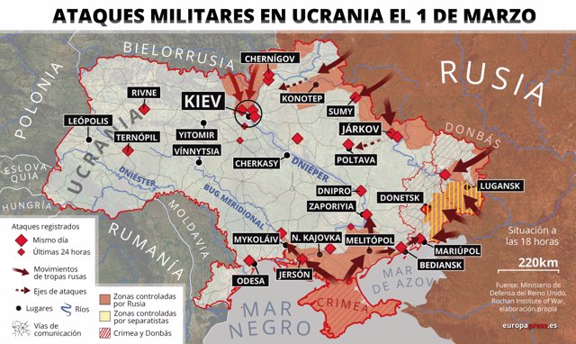 Mapa de ataques militares en Ucrania registrados el 1 de marzo (estado a las 18:00). Un convoy de más de 40 kilómetros de largo ha sido avistado a lo largo de las carreteras al noroeste de Kiev.