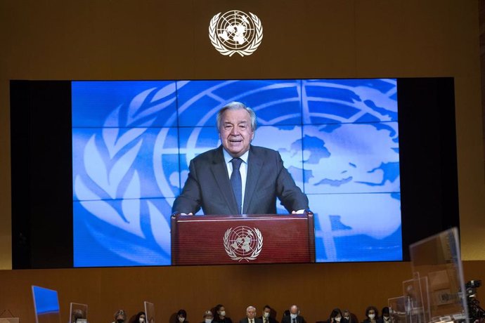 HANDOUT - 28 February 2022, Switzerland, Geneva: UNSecretary-General Antonio Guterres delivers a video message at the 49th regular session of the Human Rights Council of the United Nations (UN). Photo: Jean Marc Ferré/UN Photo/dpa - ATTENTION: editoria