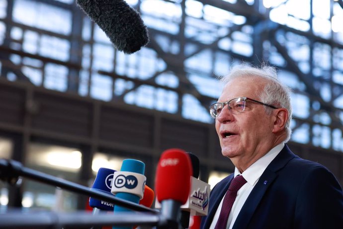 HANDOUT - 21 February 2022, Belgium, Brussels: Josep Borrell, EU High Representative for Foreign Affairs and Security Policy, speaks to the media before the EU Foreign Ministers meeting. Photo: Mario Salerno/European Council/dpa - ATTENTION: editorial u