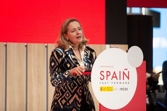 La vicepresidenta primera y ministra de Asuntos Económicos y Transformación Digital, Nadia Calviño, durante su intervención.