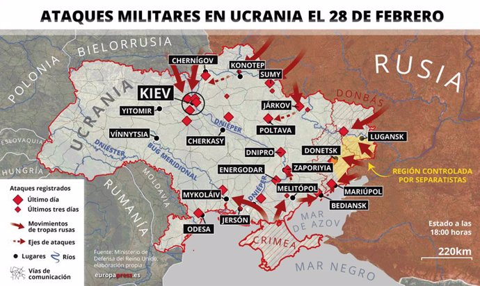 Ataques militares en Ucrania registrados el 28 de febrero (estado a las 18:00). Rusia asegura haber tomado la central nuclear de Zaporiyia, la mayor de Europa, en el marco de la ofensiva lanzada el 24 de febrero contra el país vecino.