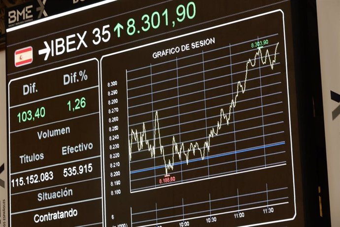 Valores del Ibex 35 en los paneles del Palacio de la Bolsa de Madrid, a 25 de febrero de 2022, en Madrid (España). 