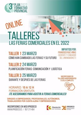 Cartel del ciclo de talleres gratuitos online titulado 'Las ferias comerciales en 2022'.