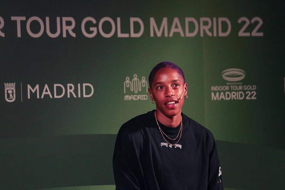 La atleta venezolana Yulimar Rojas, durante la presentación del World Athletics Indoor Tour en el Centro Cultural Conde Duque de Madrid.