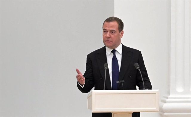 HANDOUT - 21 February 2022, Russia, Moscow: Deputy Chairman of the Security Council Dmitry Medvedev speaks during a meeting of the Russian Federation Security Council at the Kremlin. Photo: -/Kremlin/dpa - ATTENTION: editorial use only and only if the cre