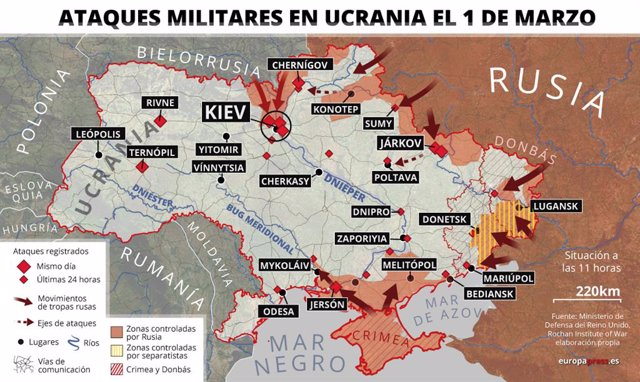 Mapa dels atacs militars a Ucraïna registrats l'1 de març