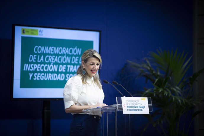 La vicepresidenta segunda y ministra de Trabajo, Yolanda Díaz, en el acto de conmemoración de los 116 años del Organismo Estatal de la Inspección de Trabajo y Seguridad Social, este martes, 1 de marzo de 2022, en Madrid.