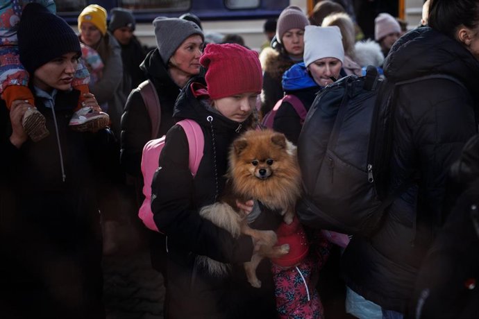 Un grupo de personas a su llegada procedente de Ucrania en la estación de tren de Przemysl, cinco días después del inicio de los ataques por parte de Rusia en Ucrania, a 1 de marzo de 2022, en Przemysl, (Polonia).