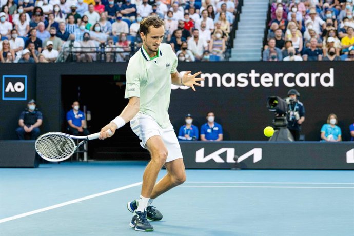 Daniil Medvedev from Russia during his Men's Singles Finals match against Rafael Nadal of Spain at the 2022 Australian Open, Grand Slam tennis tournament on January 30, 2022 at Melbourne Park in Melbourne, Australia - Photo Andy Astfalck / Orange Pictur