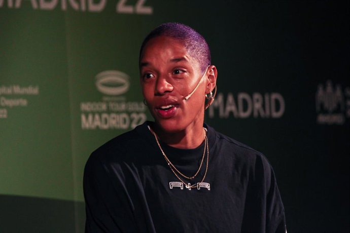 Yulimar Rojas, spanish athlete attends the media during the presentation of the World Athletics Indoor Tour at Conde Duque Cultural Center on March 01, 2022, in Madrid, Spain.