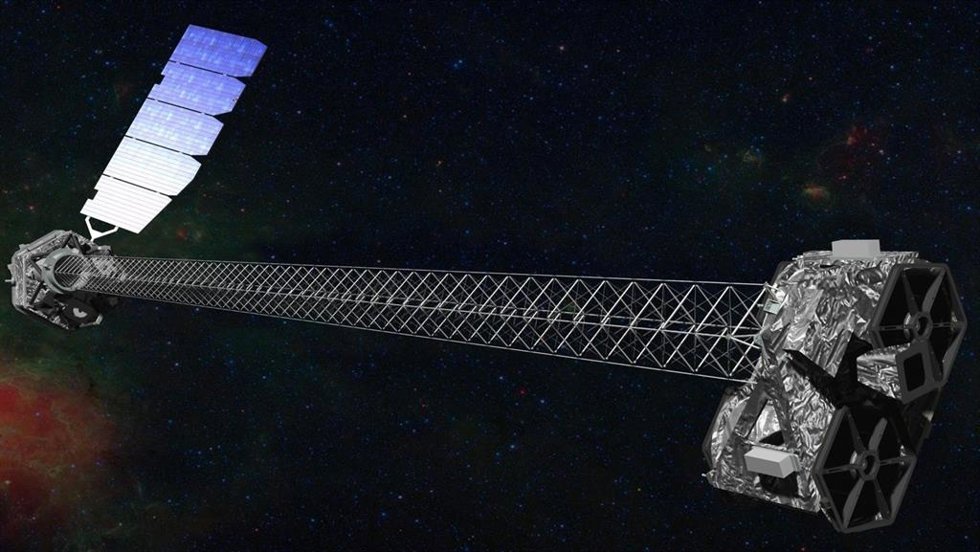 Esta ilustración muestra el telescopio de rayos X NuSTAR de la NASA en el espacio. Dos componentes voluminosos están separados por una estructura de 10 metros llamada mástil desplegable o pluma.
