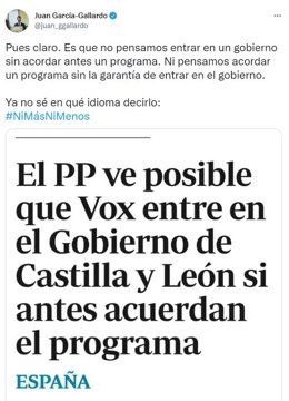 Captura del tuit escrito por Juan García-Gallardo.