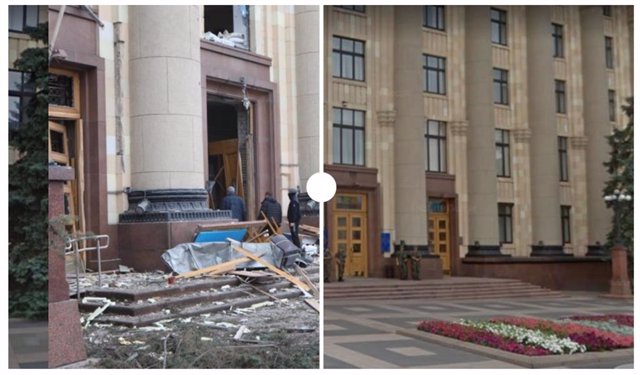 Imagen de la destrucción causada por un misil en la Plaza de la Libertad de Járkov