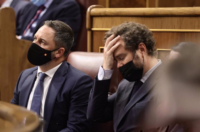 El presidente de Vox, Santiago Abascal (i), y el portavoz parlamentario de Vox, Iván Espinosa de los Monteros