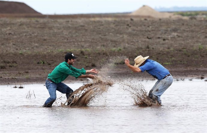 Archivo - Liverpool Plains farming neighbours James Purshouse (L) and Jock Tudgey pictured on Jock's property in Newhaven, in the Liverpool Plains region of NSW on Friday, February 7, 2020. (AAPImage/Peter Lorimer) NO ARCHIVING