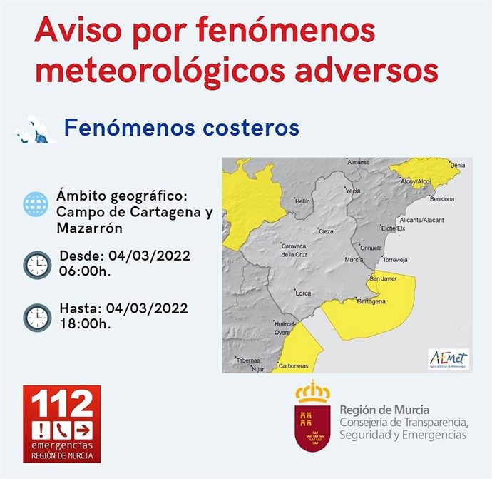 Activan el aviso amarillo por fenómenos costeros para este viernes en el litoral del Campo de Cartagena y Mazarrón