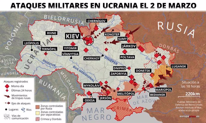 Mapa con militares en Ucrania el 2 de marzo (estado a las 18:00). Las autoridades ucranianas han informado de que en la noche de este martes varios barrios a los alrededores de Kiev han sido bombardeados en la que es la séptima jornada desde que comenzó