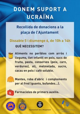 L'Hospitalet de Llobregat (Barcelona) recogerá material de ayuda al pueblo ucraniano durante este fin de semana