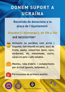 L'Hospitalet de Llobregat (Barcelona) recogerá material de ayuda al pueblo ucraniano durante este fin de semana