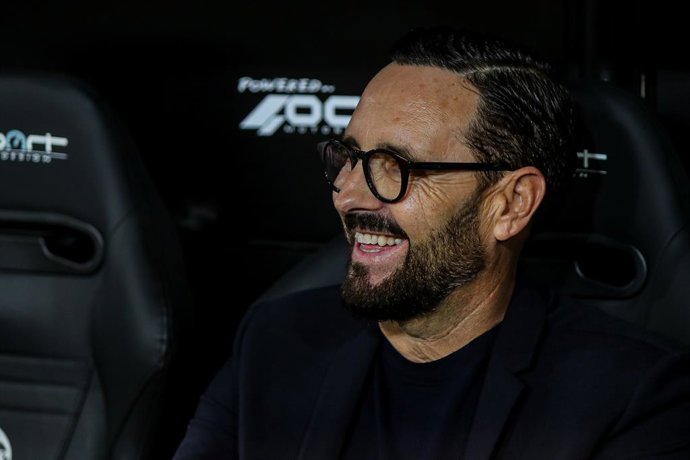 Jose Bordalas, head coach of Valencia CF, smiles during the semifinal of the Spanish Copa del Rey, match between Valencia CF and Athletic Club de Bilbao at the Mestalla Stadium on March 2, 2022, in Valencia, Spain.