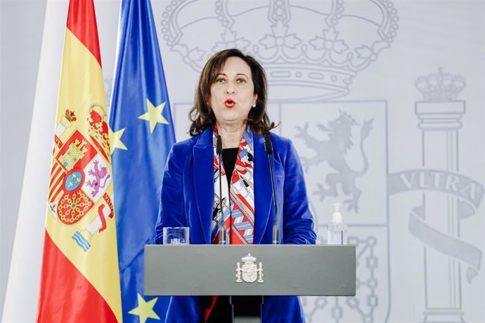 La ministra de Defensa, Margarita Robles, comparece para hacer una valoración de la reunión telemática entre jefes de Estado y de Gobierno de la Organización del Tratado del Atlántico Norte (OTAN), en el Palacio de La Moncloa, a 25 de febrero de 2022, e
