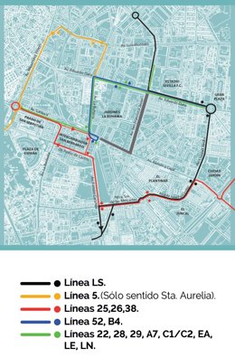 Plano con los cambios en las líneas de Tussam afectadas por el comienzo de las obras de la ampliación del tranvía.