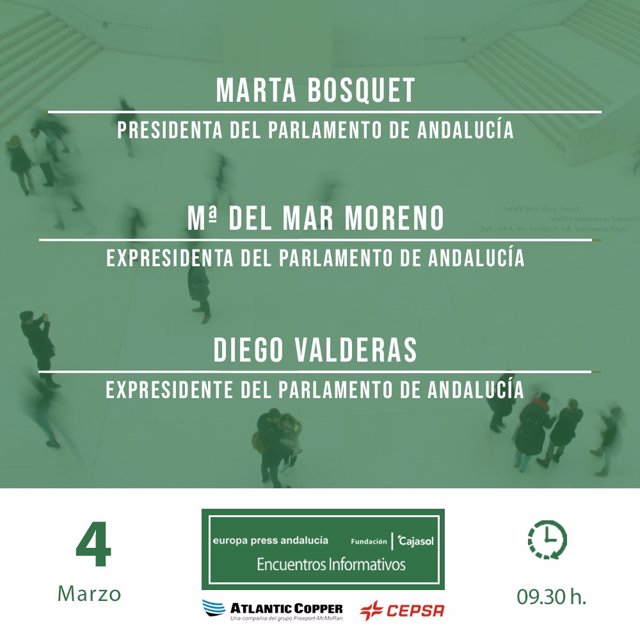 Careta del desayuno informativo de Europa Press Andalucía con Marta Bosquet, Mar Moreno y Diego Valderas.