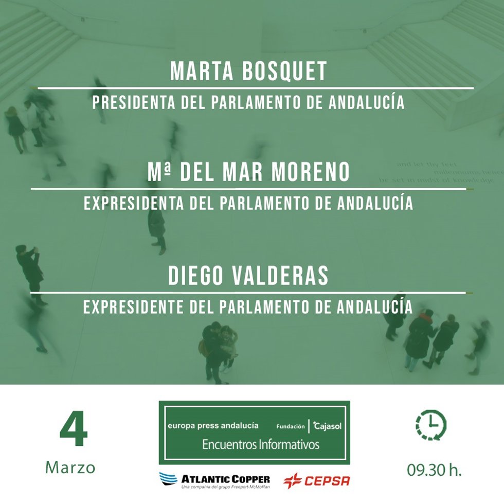 Careta del desayuno informativo de Europa Press Andalucía con Marta Bosquet, Mar Moreno y Diego Valderas.