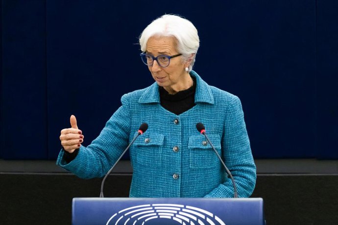 14 February 2022, France, Strasbourg: Christine Lagarde, President of the European Central Bank (ECB) speaks during a plenary session of the European Parliament. Photo: Philipp von Ditfurth/dpa