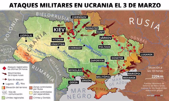 Mapa con ataques militares en Ucrania el 3 de marzo (Estado a las 18:00 horas). Las fuerzas militares rusas y los rebeldes separatistas han aumentado en las últimas horas la presión sobre la ciudad de Mariupol, una localidad portuaria del sureste de Ucr