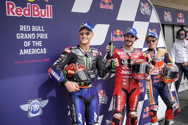 Archivo - Fabio Quartararo, Francesco Bagnaia y Marc Márquez durante el Gran Premio de Las Américas 2021