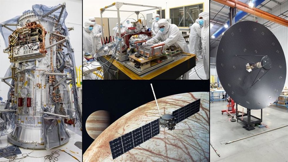 En el sentido de las agujas del reloj desde la izquierda: el módulo de propulsión del Europa Clipper de la NASA, el espectrógrafo ultravioleta (llamado Europa-UVS), la antena de alta ganancia y una ilustración de la nave espacial.