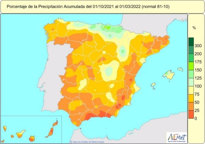 Mapa de precipitaciones acumuladas en España del 1 de octubre de 2021 al 1 de marzo de 2022, con gran déficit en la mayor parte del país.