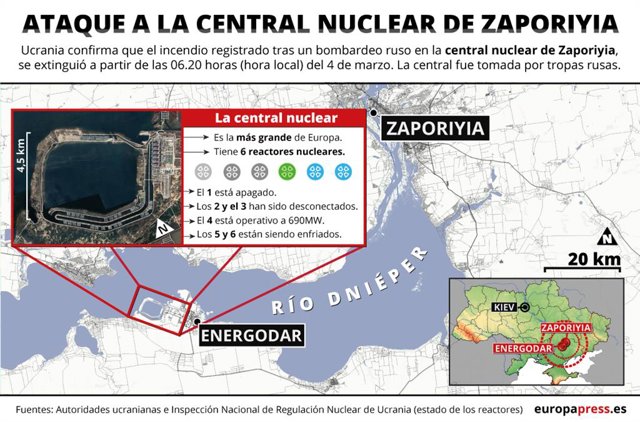 Mapa con localización y datos de la central nuclear de Zaporiyia (Ucrania)