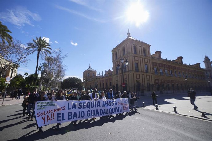Muchos agricultores tras la pancarta durante la manifestación de los agricultores del Bajo Guadalquivir para reclamar medidas contra la sequía en Palacio de San Telmo, a 4 de marzo de 2022 en Sevilla (Andalucía, España)