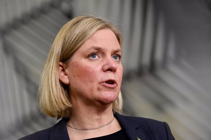 HANDOUT - 24 February 2022, Belgium, Brussels: Sweden's Prime Minister Magdalena Andersson arrives to attend the Special meeting of the European Council on the situation in Ukraine. Photo: Alexandros Michailidis/EU Council/dpa - ATTENTION: editorial use