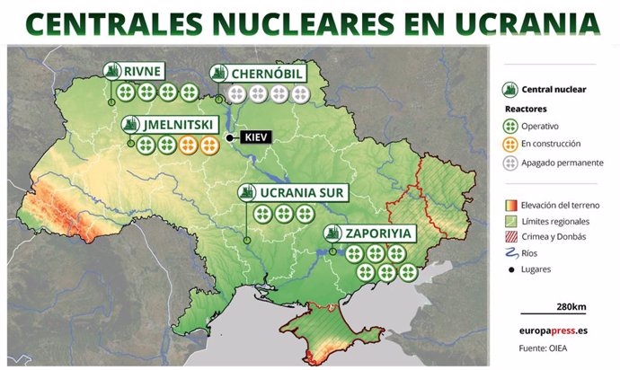 Mapa con centrales nucleares en Ucrania. Las autoridades de Ucrania han confirmado este viernes que las fuerzas rusas se han hecho con el control de la central nuclear de Zaporiyia, la más grande de Europa, horas después de un ataque con artillería que 