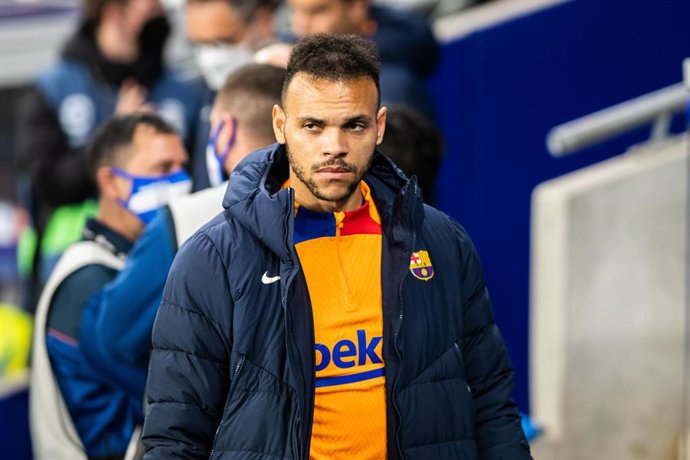 Martin Braithwaite of FC Barcelona looks on during La Liga match, football match played between RCD Espanyol and FC Barcelona at RCD Stadium on February 13, 2022, in Barcelona, Spain.