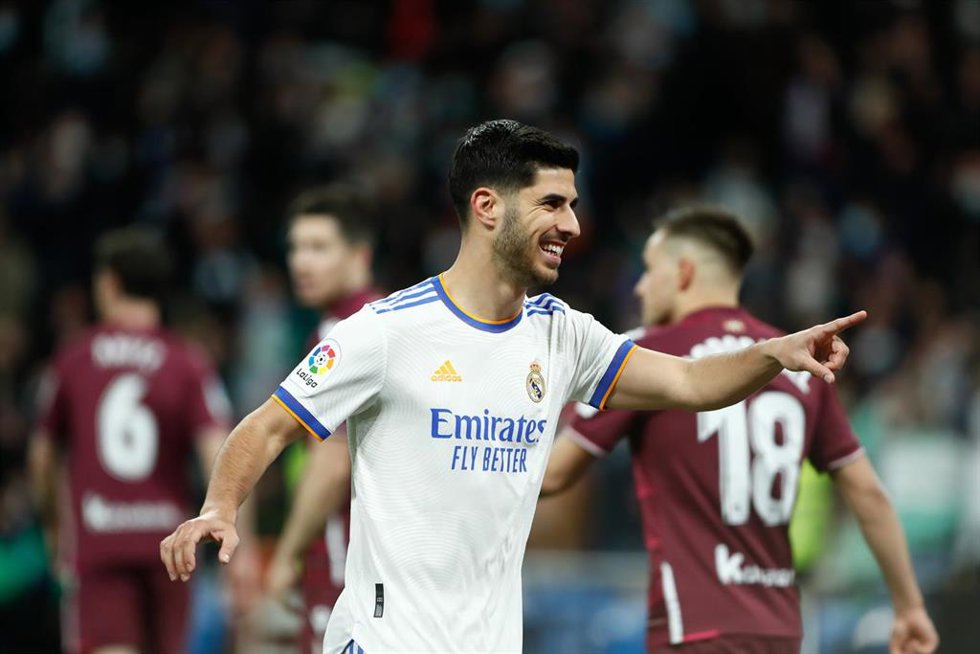 Marco Asensio of Real Madrid celebrates a goal during the spanish league, La Liga Santander, football match played between Real Madrid and Real Sociedad at Santiago Bernabeu stadium on March 05, 2022, in Madrid, Spain.