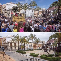 Archivo - Salida de la Hermandad de la Borriquita el Domingo de Ramos de 2019 y la Plaza de San Pedro desértica debido al estado de alarma por el Covid-19 en mayo de 2020.