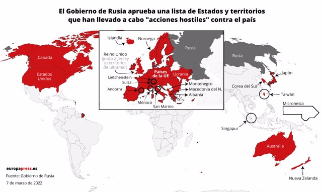 Mapa con listado de países que cometen acciones hostiles contra Rusia que ha aprobado el Gobierno de Rusia el 7 de marzo de 2022