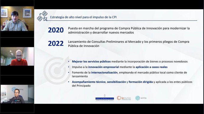 Captura del seminario telemático sobre la compra pública de innovación para el desarrollo espacial en cohetes y nanosatélites de Asturias.