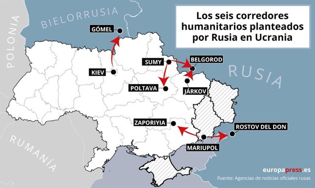 Mapa de los seis corredores humanitarios planteados por Rusia a Ucrania el 7 de marzo de 2022