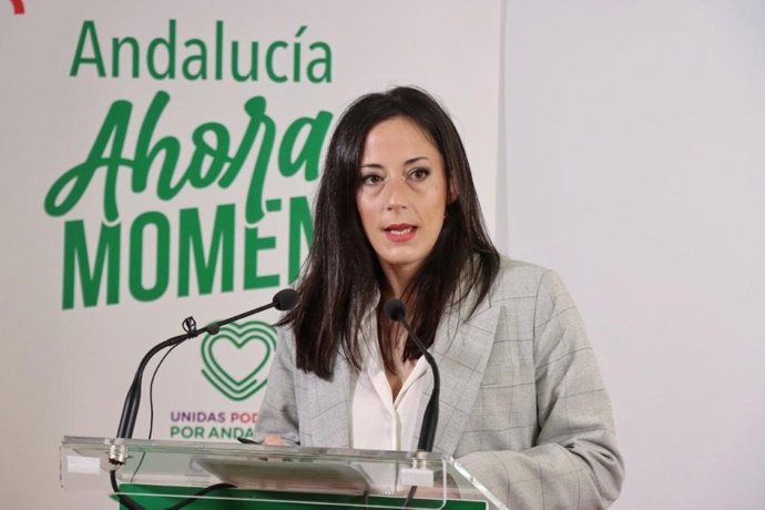La portavoz de Unidas Podemos por Andalucía y diputada en el Congreso, Isabel Franco, este lunes en Sevilla en rueda de prensa.