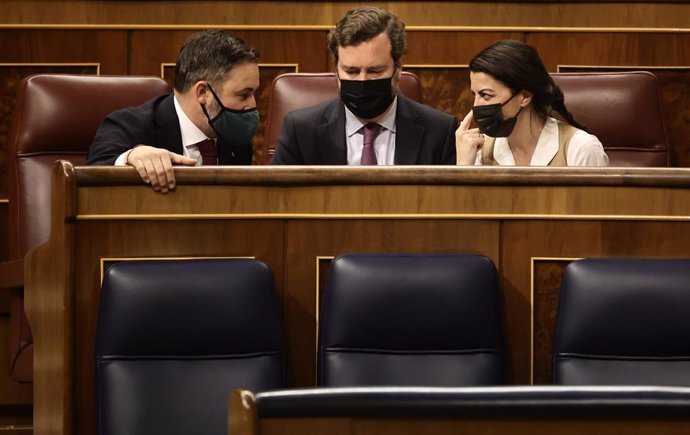 El presidente de Vox, Santiago Abascal, con los diputados Iván Espinosa de los Monteros y Macarena Olona