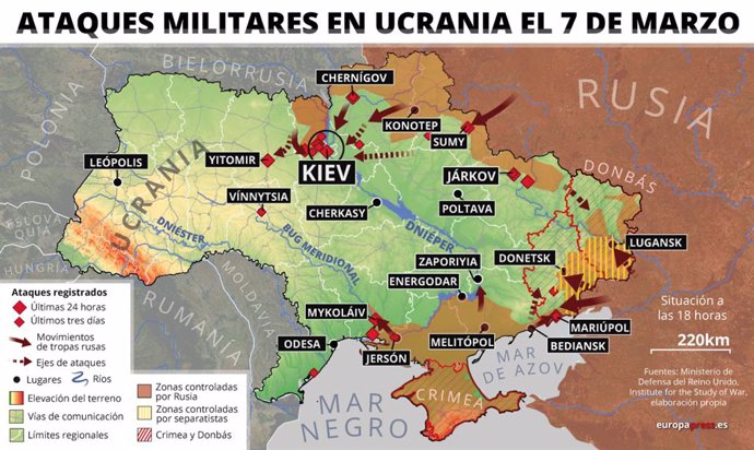 Mapa con militares en Ucrania el 7 de marzo de 2022 (estado a las 18 horas). Rusia ha lanzado la noche de este domingo un ataque con misiles en el pueblo de Tuzla en Odesa una ciudad costera con salida al Mar Negro que funciona como fuente de recursos c